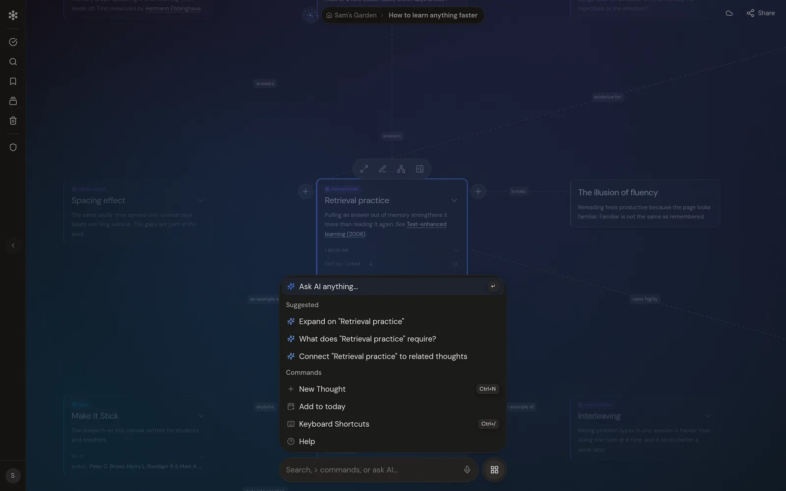 The command bar open over the same garden with “Retrieval practice” selected: an Ask AI row, suggested actions for that thought (expand it, what it requires, connect it to related thoughts) and the command list.