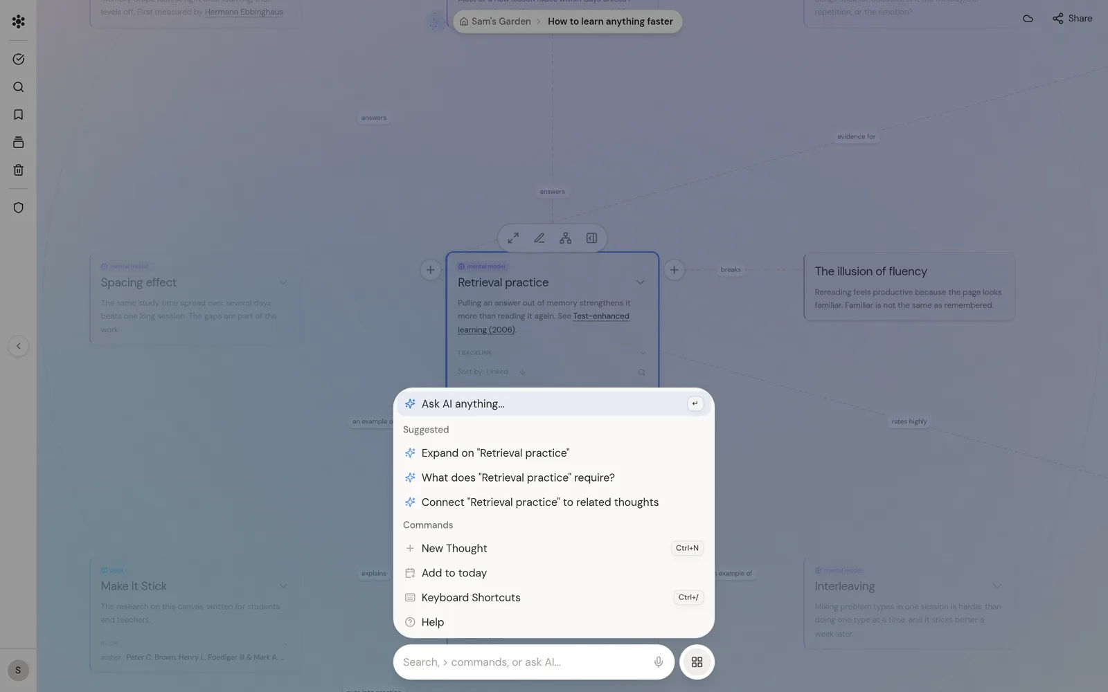 The command bar open over the same garden with “Retrieval practice” selected: an Ask AI row, suggested actions for that thought (expand it, what it requires, connect it to related thoughts) and the command list.