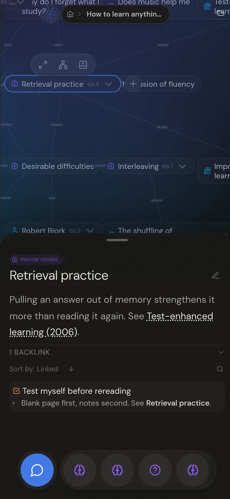 The same garden on a phone: “Retrieval practice” open in the bottom-sheet editor with its type, description and a backlink from the study plan, the canvas above it and the dock below.