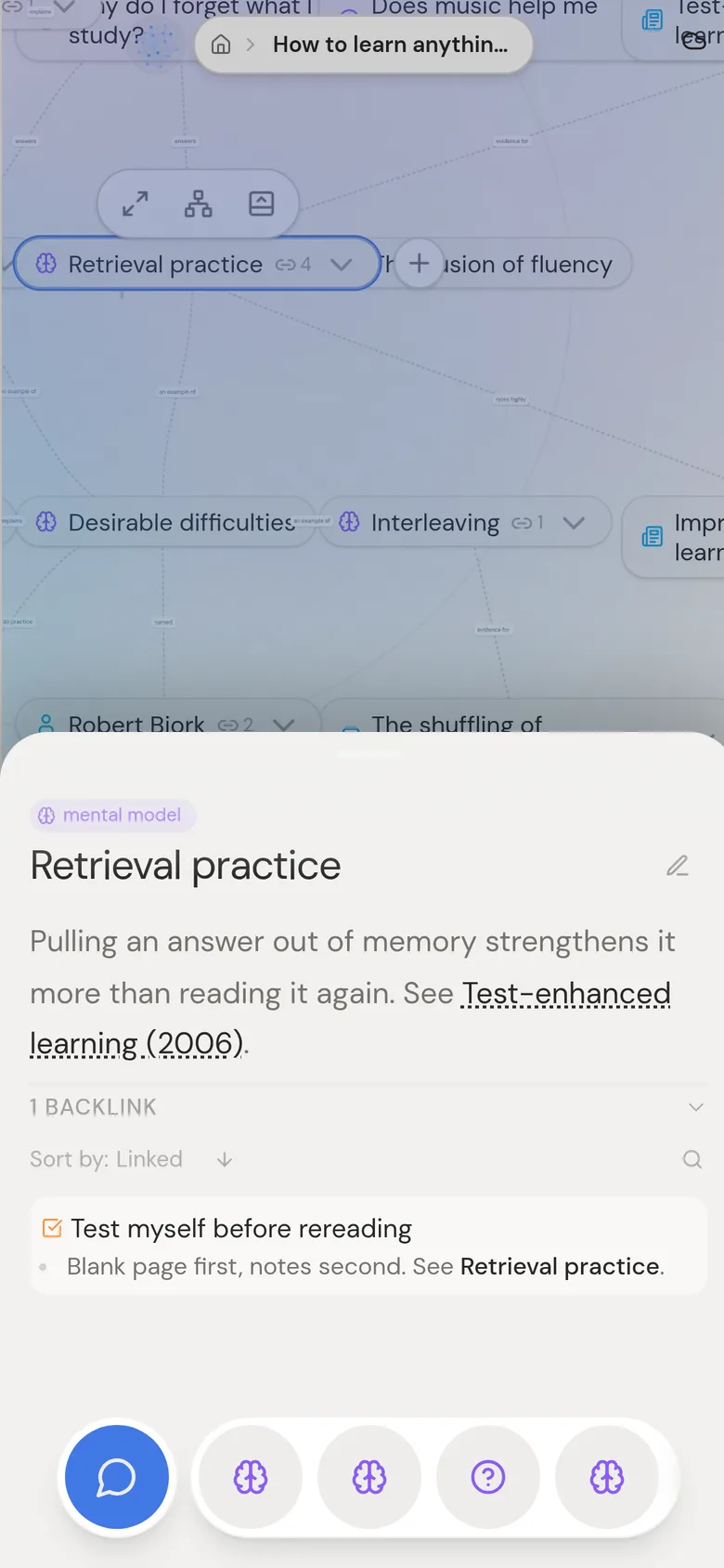 The same garden on a phone: “Retrieval practice” open in the bottom-sheet editor with its type, description and a backlink from the study plan, the canvas above it and the dock below.